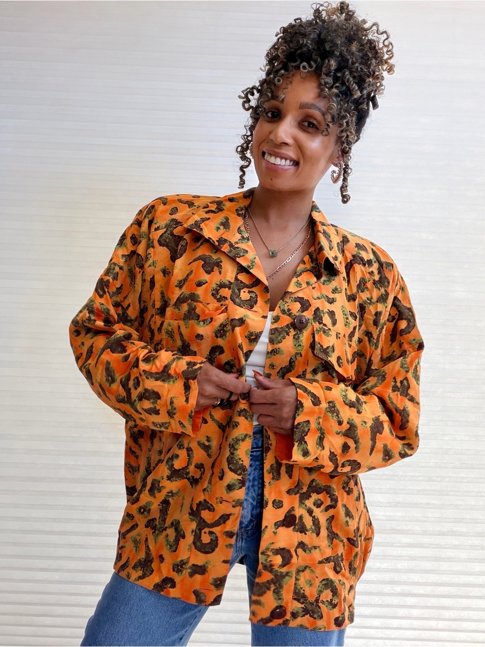 Vintage Linda Allard for Ellen Tracy Silk Leopard Print Jacket Blouse Orange